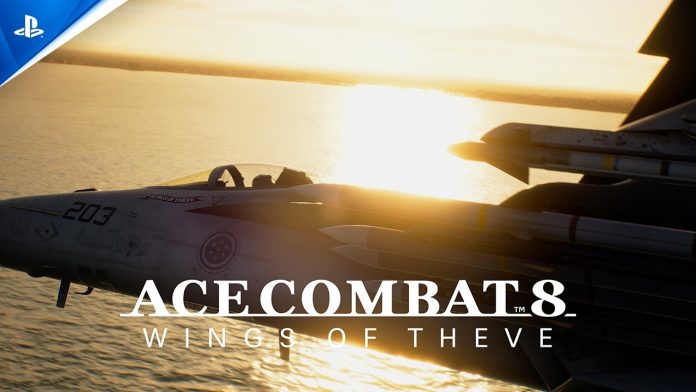 A fighter jet flies low over the sea at sunset beside the Ace Combat 8: Wings of Theve logo