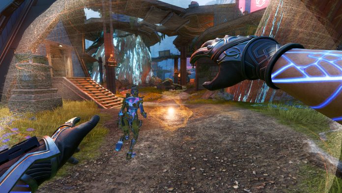 A first-person view of a Legend running through a map in Apex Legends