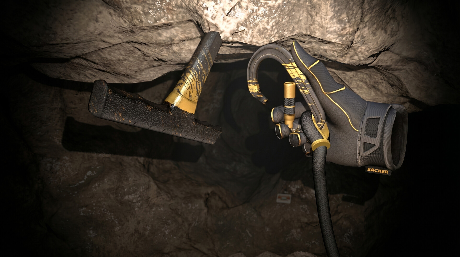 Climbing gear in a cave, from a Cave Crave VR screenshot