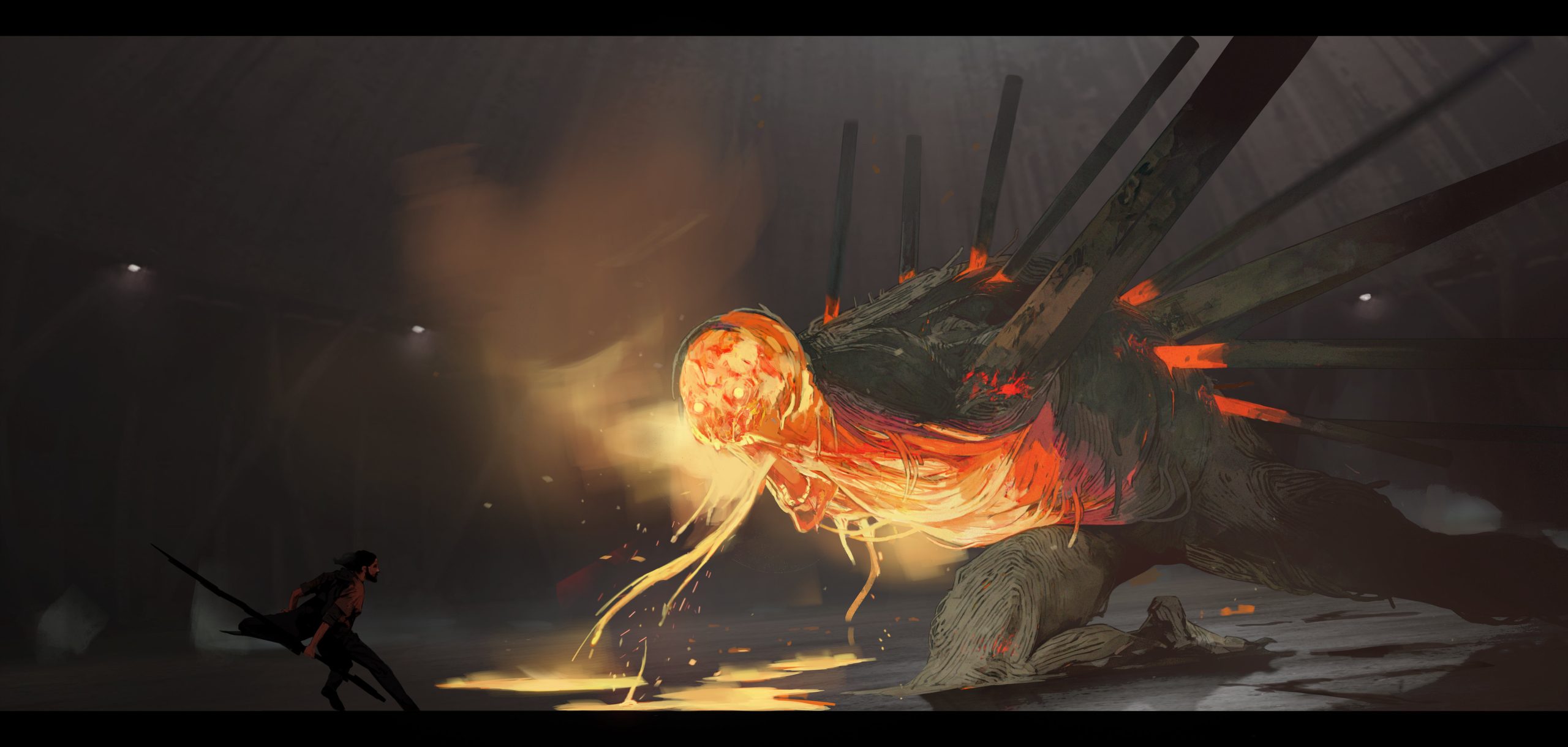 Concept art of a figure facing a huge glowing creature in a dark factory