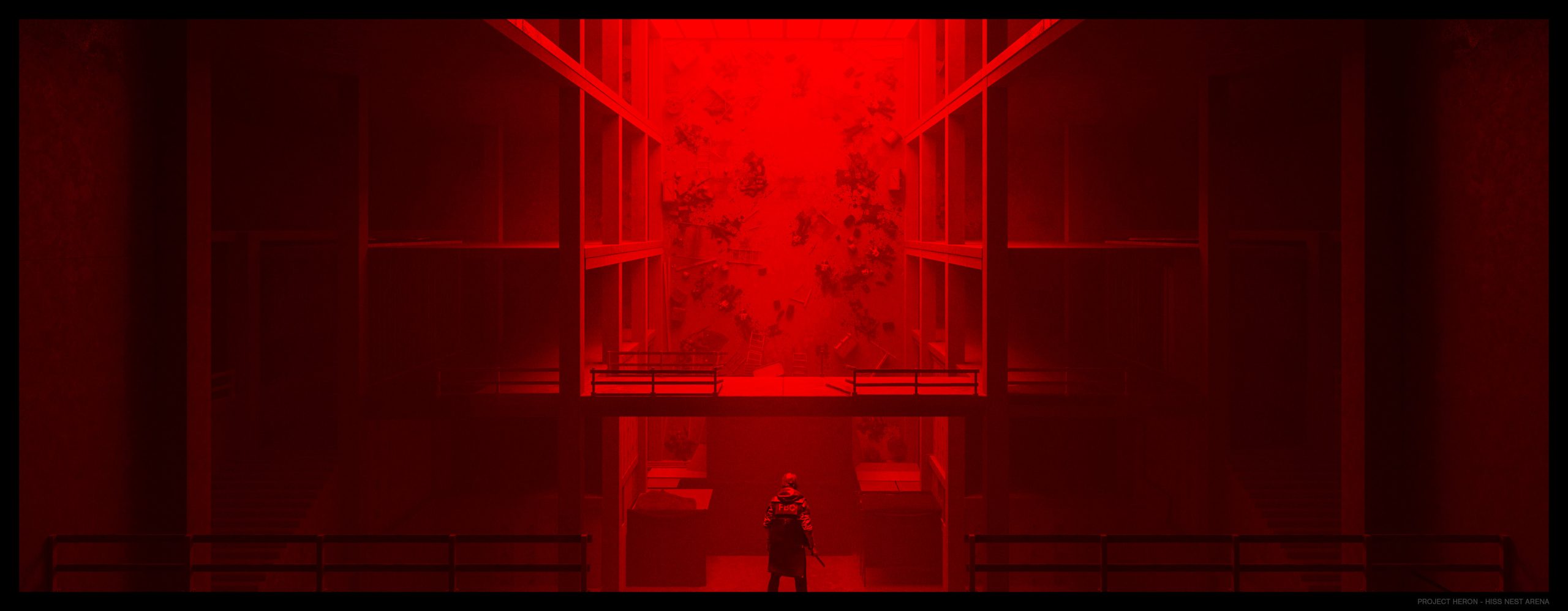 Concept art of a small figure standing in a tall red-lit shaft between building floors