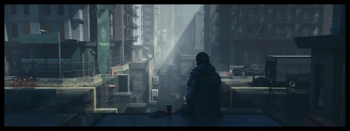 Concept art of a hooded figure looking over a hazy New York street from a rooftop