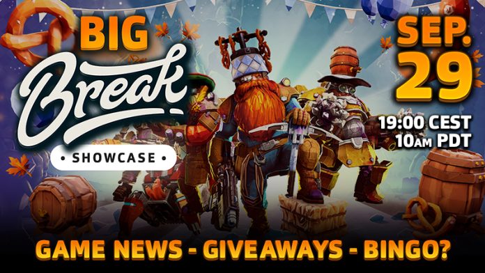 Deep Rock Galactic Big Break Showcase banner. Image Ghost Ship Games Deep Rock Galactic dwarves in Rocktoberfest gear beside the Big Break Showcase logo and the date Sep. 29
