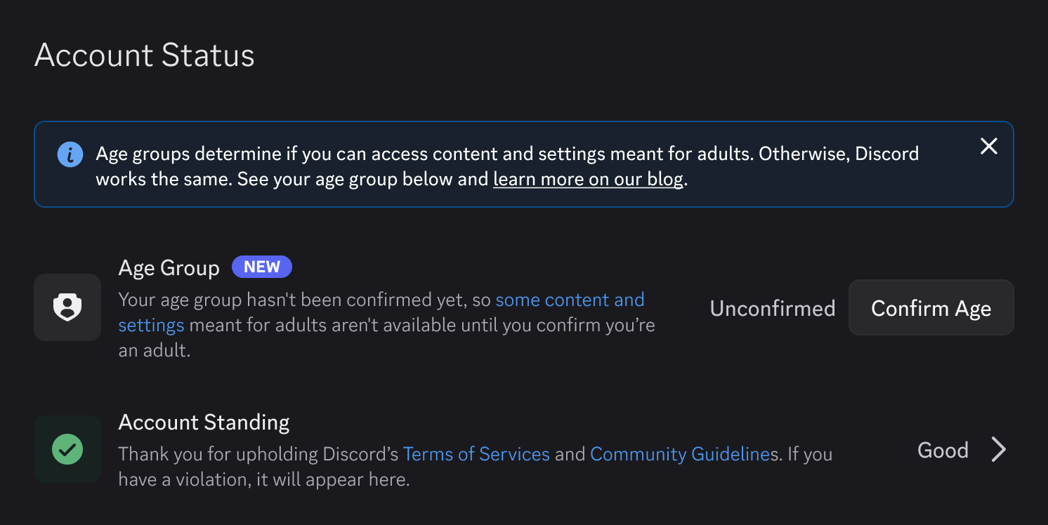 Discord Account Status screen showing the age group