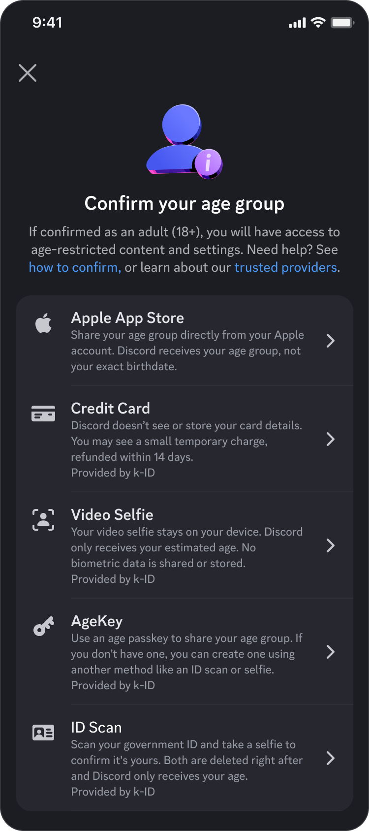 Discord screen listing ways to confirm an age group