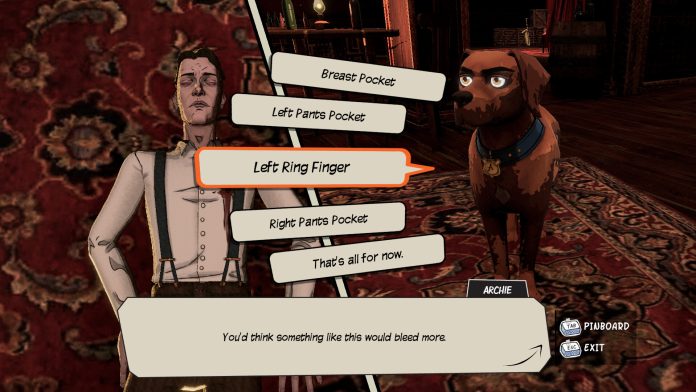 A cartoon dog beside a slumped man, with dialogue options for searching his pockets, in Finch & Archie