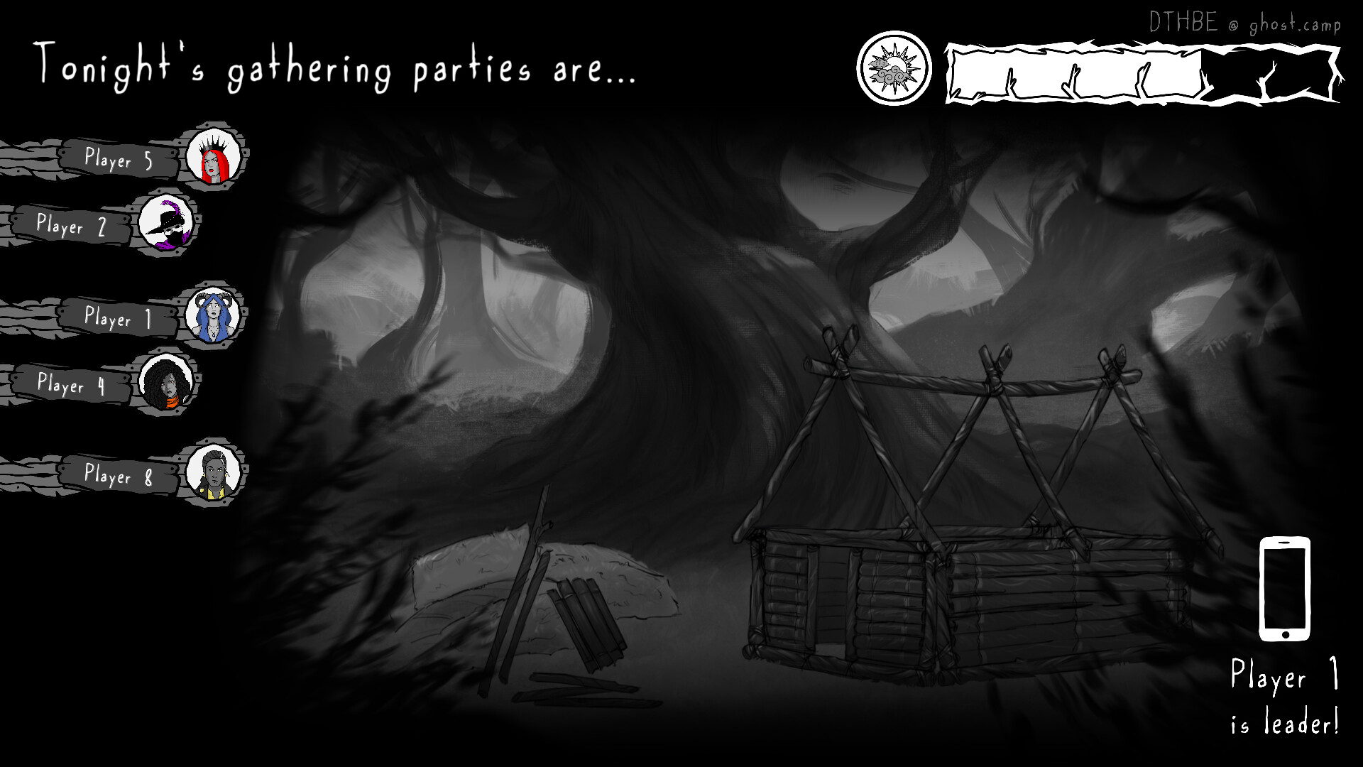 A black-and-white forest with a half-built shelter and a list of players in a Forest of Deceit screenshot