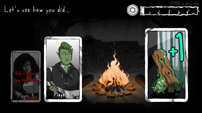 Player cards beside a campfire on the results screen in a Forest of Deceit screenshot