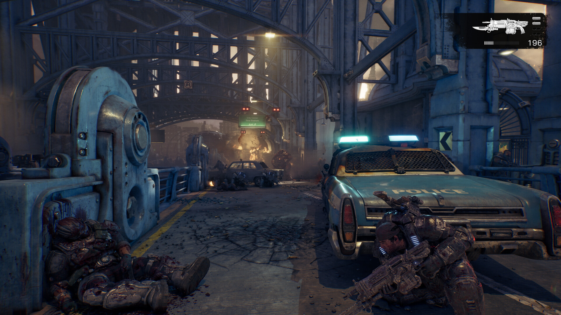 A soldier in cover beside a police car in a Gears of War: E-Day screenshot
