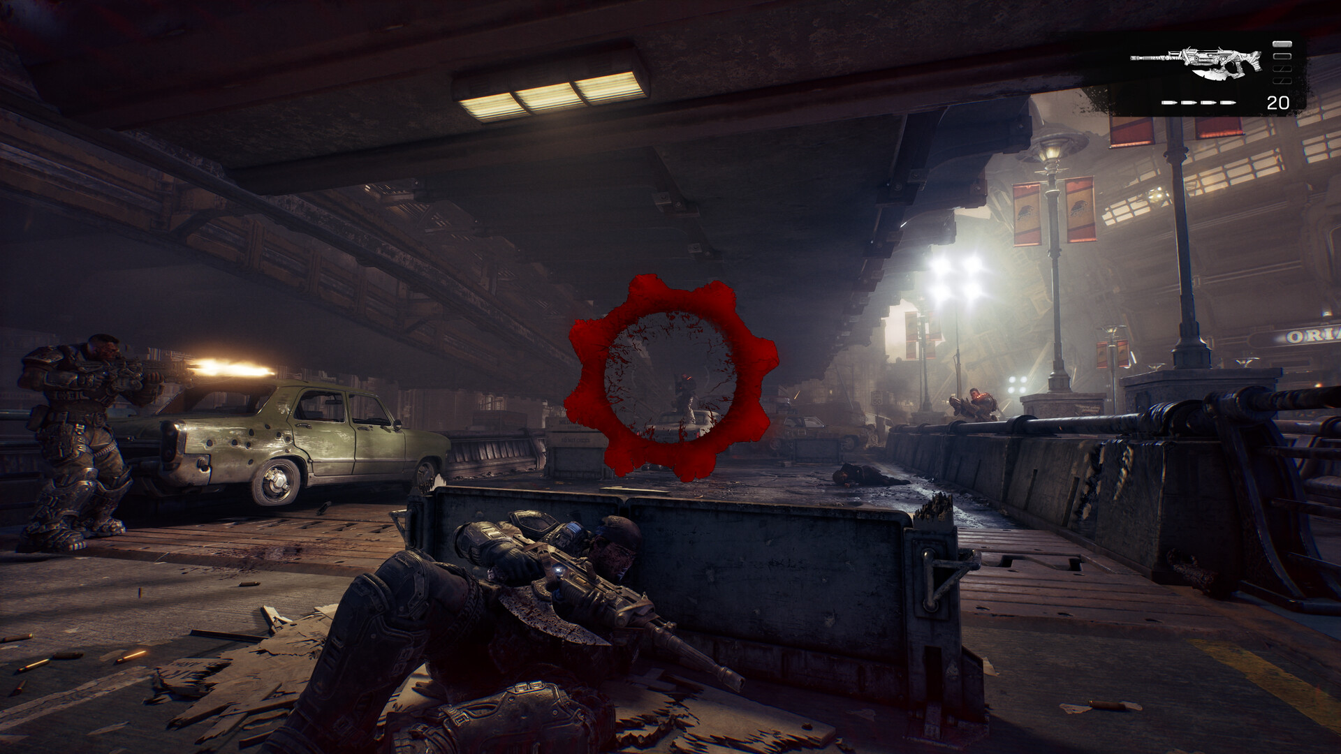 A soldier aiming across a wrecked street in a Gears of War: E-Day screenshot
