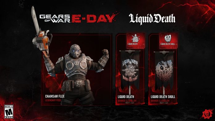 Gears of War E-Day x Liquid Death. Image: Xbox Game Studios Gears of War: E-Day and Liquid Death promotional art showing the Chainsaw Flex pose, banner and emblem