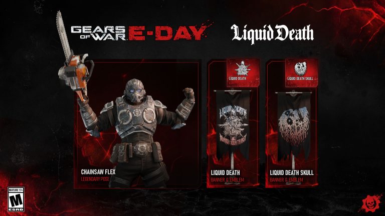 Gears of War: E-Day and Liquid Death promotional art showing the Chainsaw Flex pose, banner and emblem