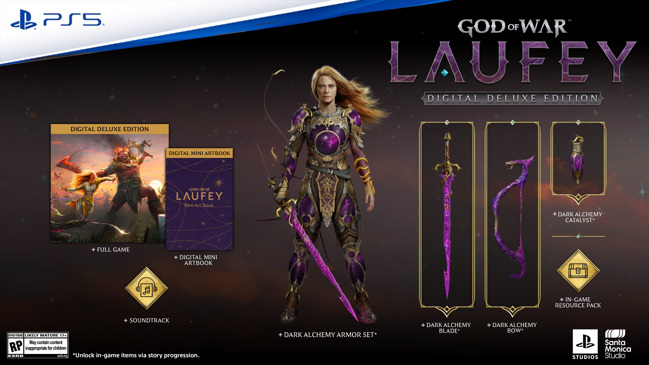 The God of War Laufey Digital Deluxe Edition contents, including the Dark Alchemy armour, blade and bow