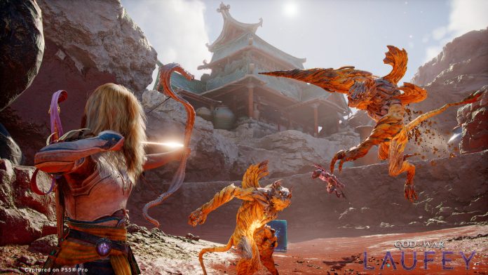 Faye aims a bow at two fiery creatures in a God of War Laufey screenshot