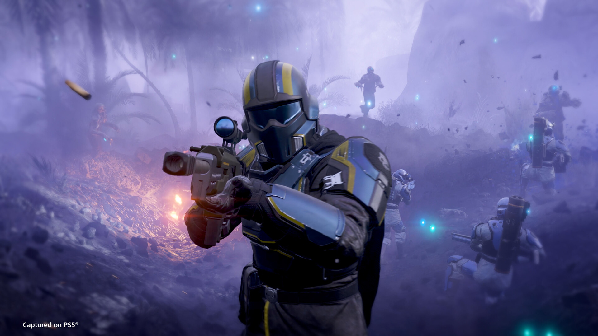 A Helldiver aiming a rifle, from a Helldivers 2 screenshot