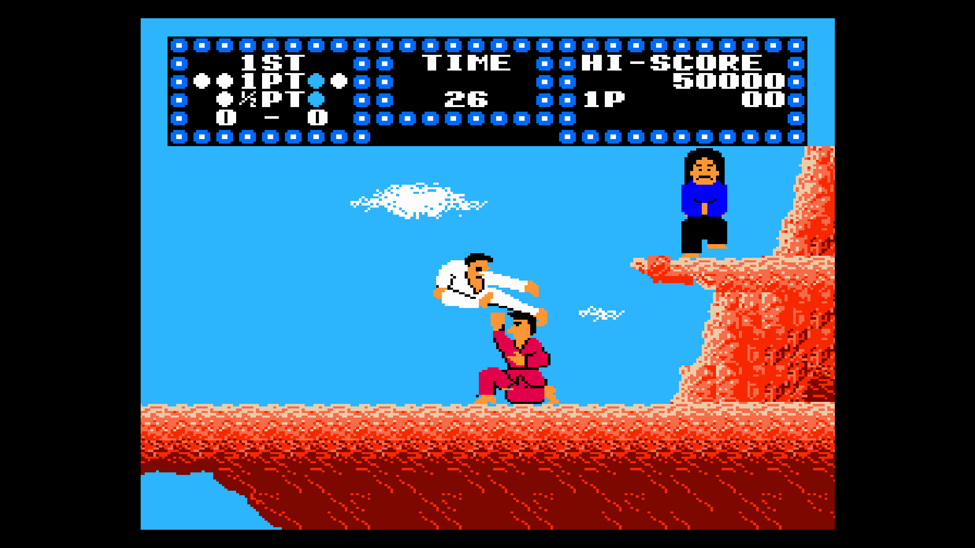 A Karate Champ screenshot showing two fighters on a red cliff