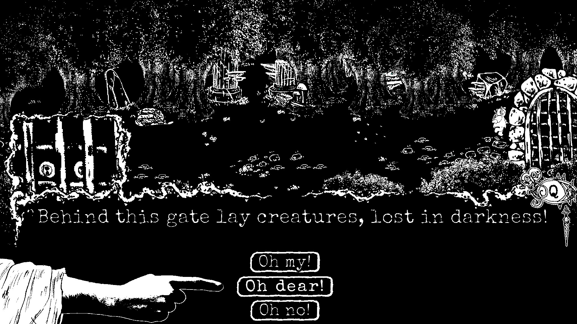 A black-and-white hand-drawn forest scene with dialogue choices in Key Fairy