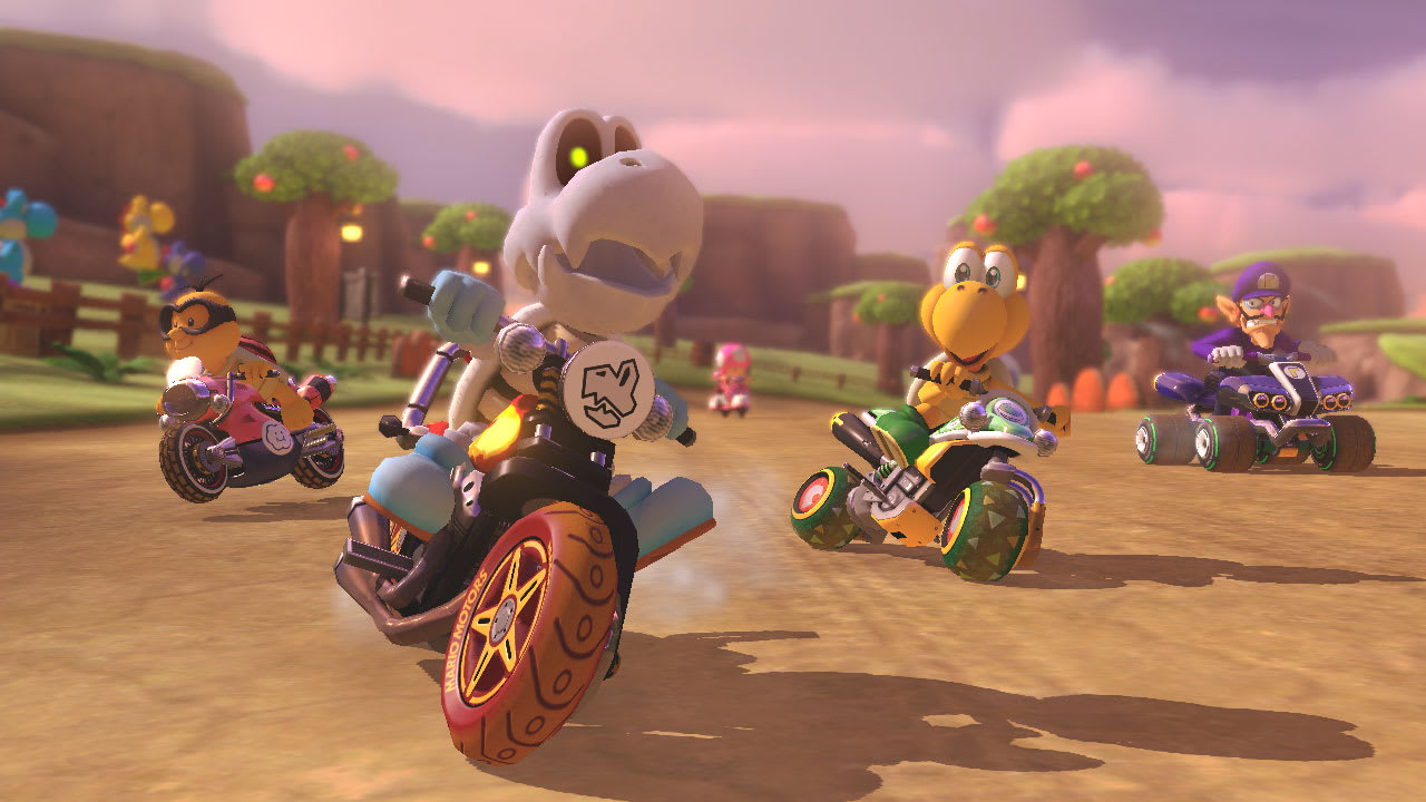Dry Bones racing a bike in Mario Kart 8 Deluxe