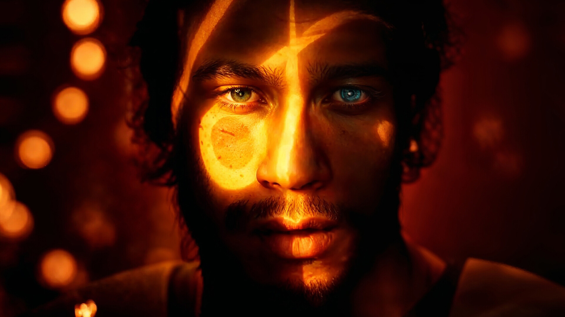 A close-up of a character's face lit in orange in a MindsEye screenshot