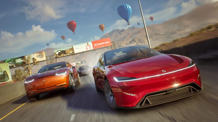 Two cars racing on a desert road in a MindsEye screenshot