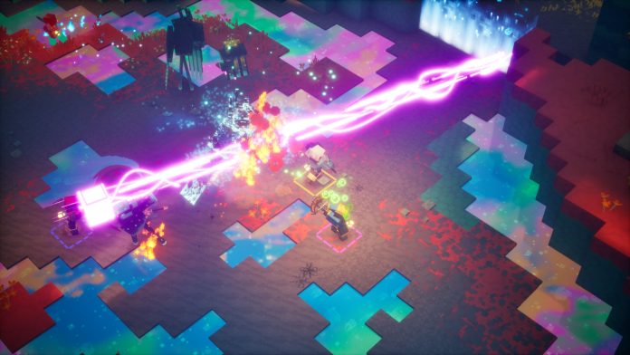 Heroes fighting on a colourful battlefield in a Minecraft Dungeons II screenshot
