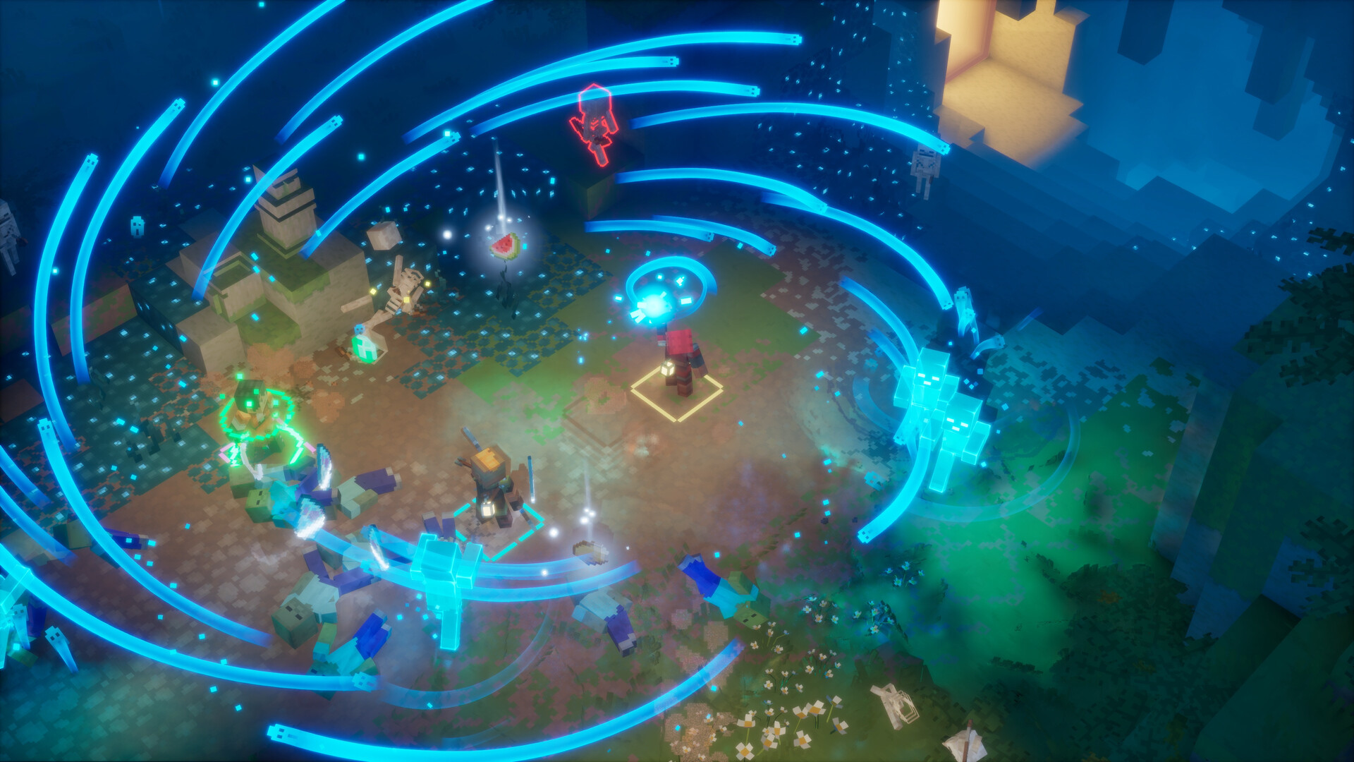 A swirling blue attack hits a group of enemies in a Minecraft Dungeons II screenshot