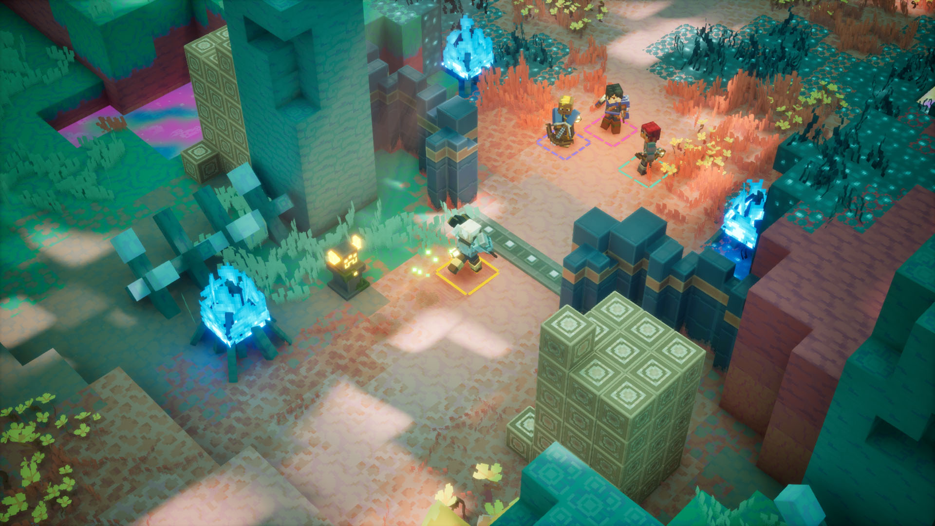Heroes exploring a crystal-lit area in a Minecraft Dungeons II screenshot