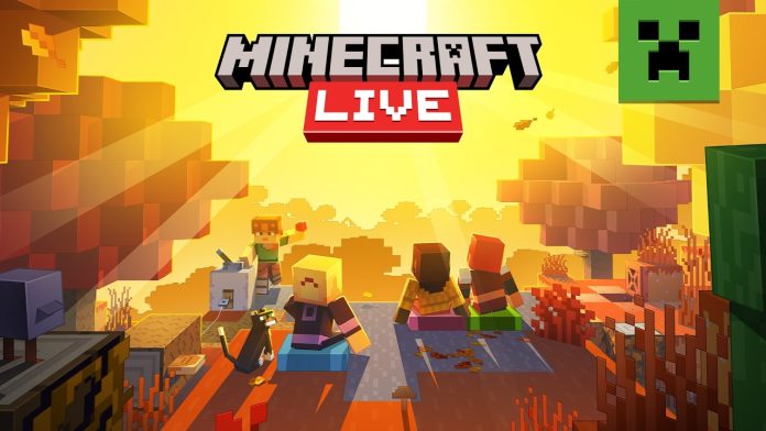Minecraft LIVE logo over a sunlit autumn Minecraft scene