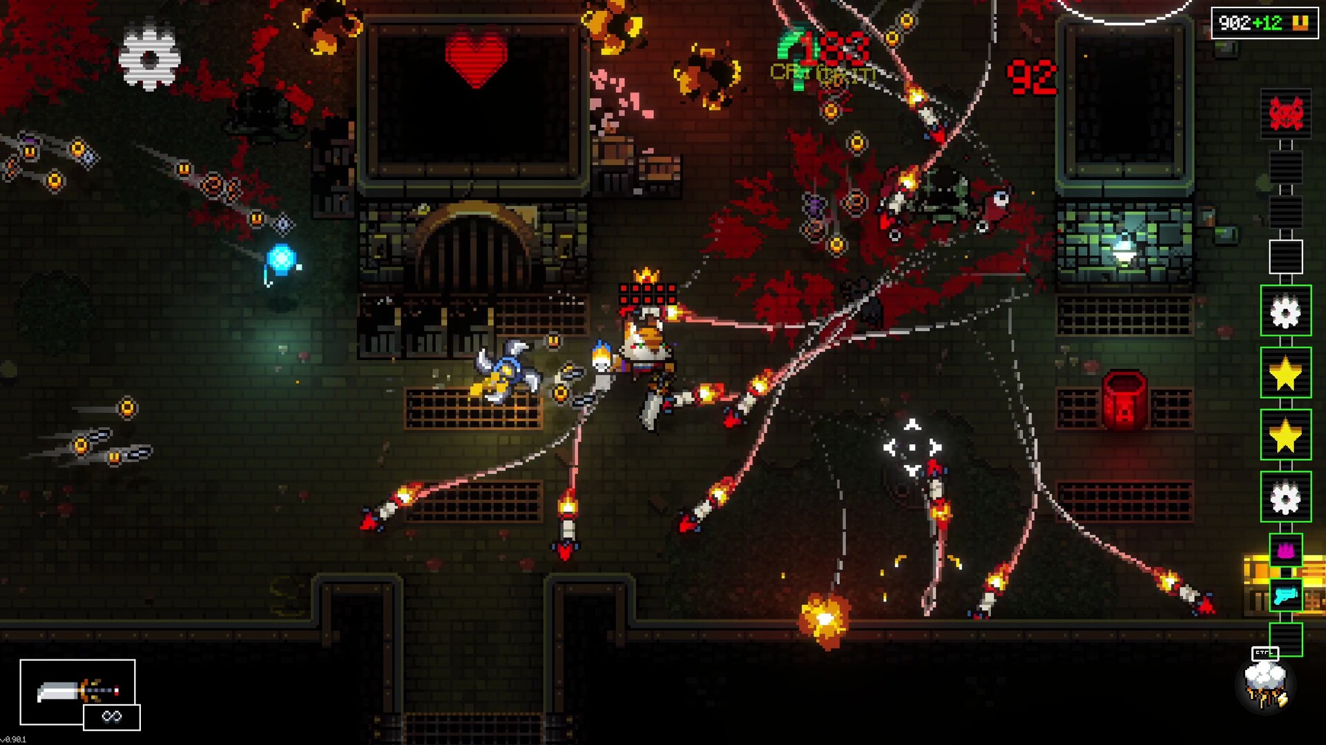 A top-down pixel-art firefight with rockets and enemies in Mission Delta