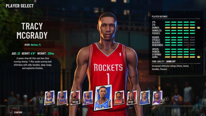 Tracy McGrady in a red Rockets jersey on the NBA The Run player select screen
