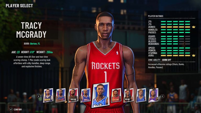 Tracy McGrady in a red Rockets jersey on the NBA The Run player select screen