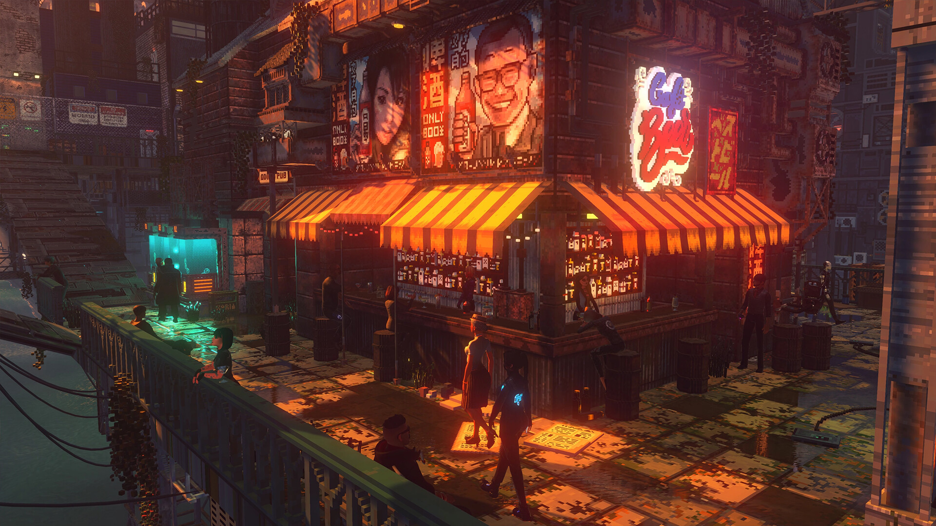A neon-lit corner bar with striped awnings and people outside in Nivalis Nights
