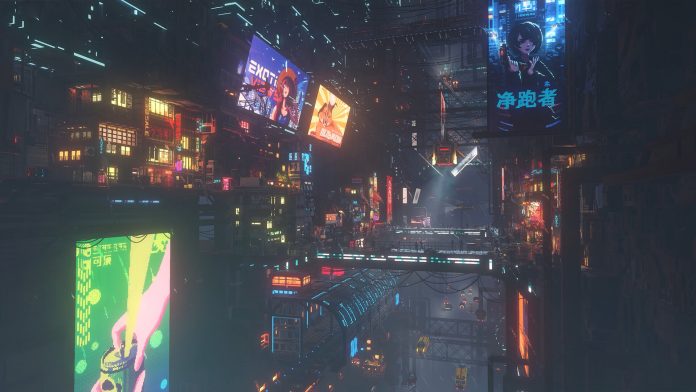 A neon-lit cyberpunk cityscape with billboards and walkways in Nivalis Nights