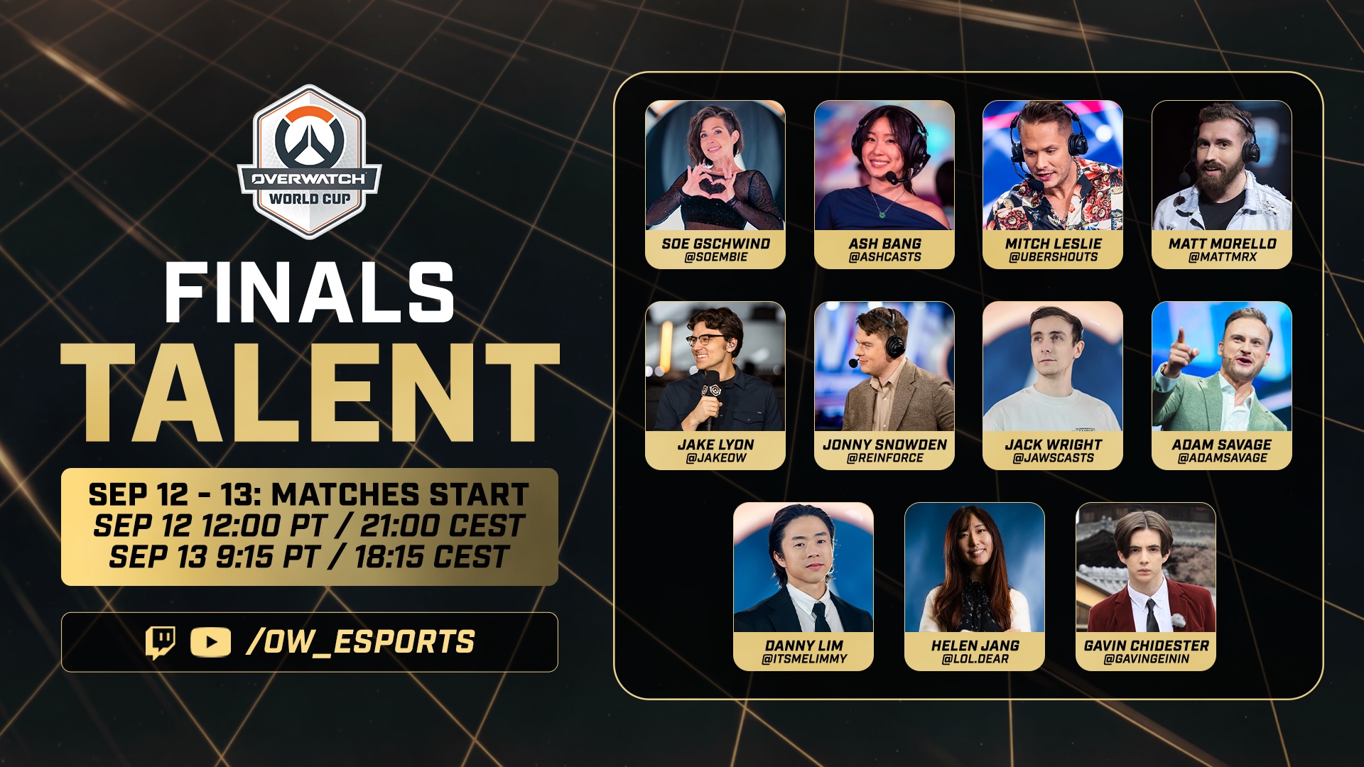 Overwatch World Cup 2026 Finals broadcast talent graphic from Blizzard Entertainment
