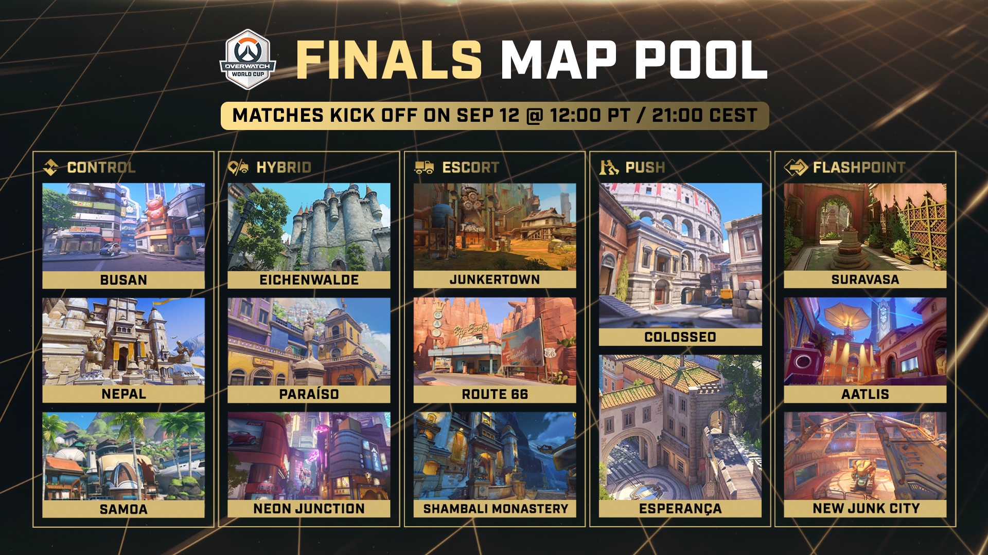 Overwatch World Cup 2026 map pool graphic from Blizzard Entertainment