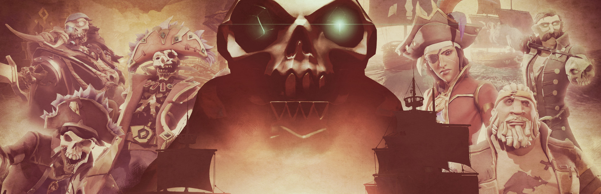 Pirate crew and ship in Sea of Thieves key art