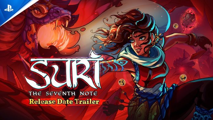 An illustrated heroine leaps in front of a red dragon beside the Suri: The Seventh Note logo