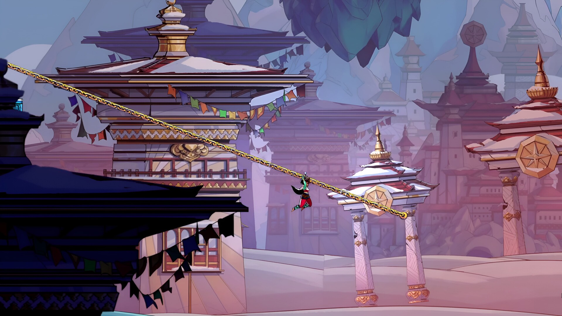 The player character slides along a rope between temples in a Suri: The Seventh Note screenshot