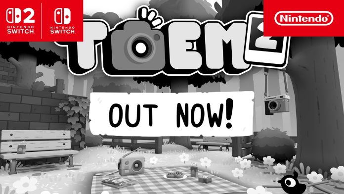 Black-and-white TOEM 2 launch art with the logo, an Out Now banner and a camera on a picnic blanket