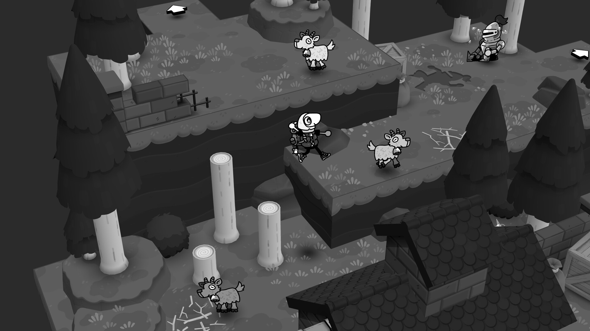 A black-and-white TOEM 2 screenshot of a forest clearing with small characters and animals