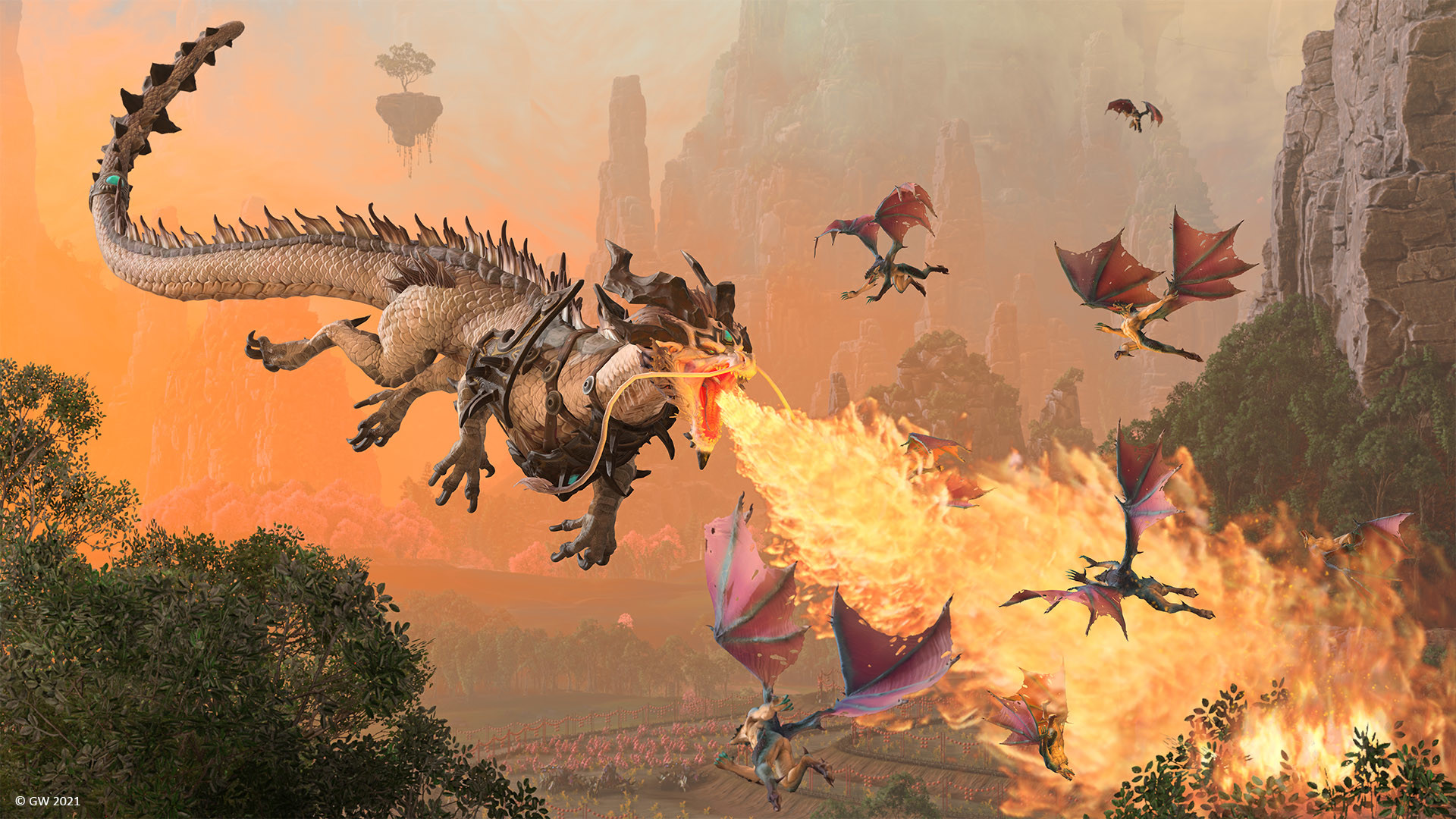 A dragon breathing fire in a Total War: Warhammer III screenshot