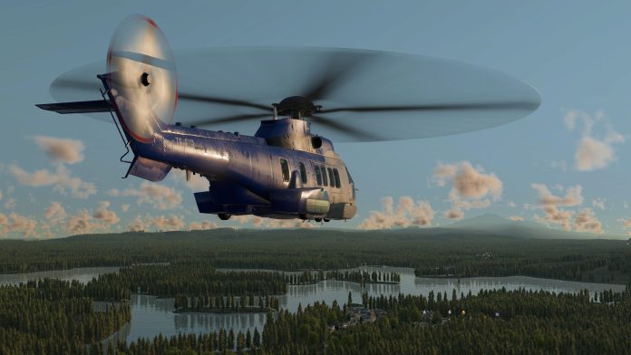 A blue helicopter flying over forests and lakes in Transport Fever 3