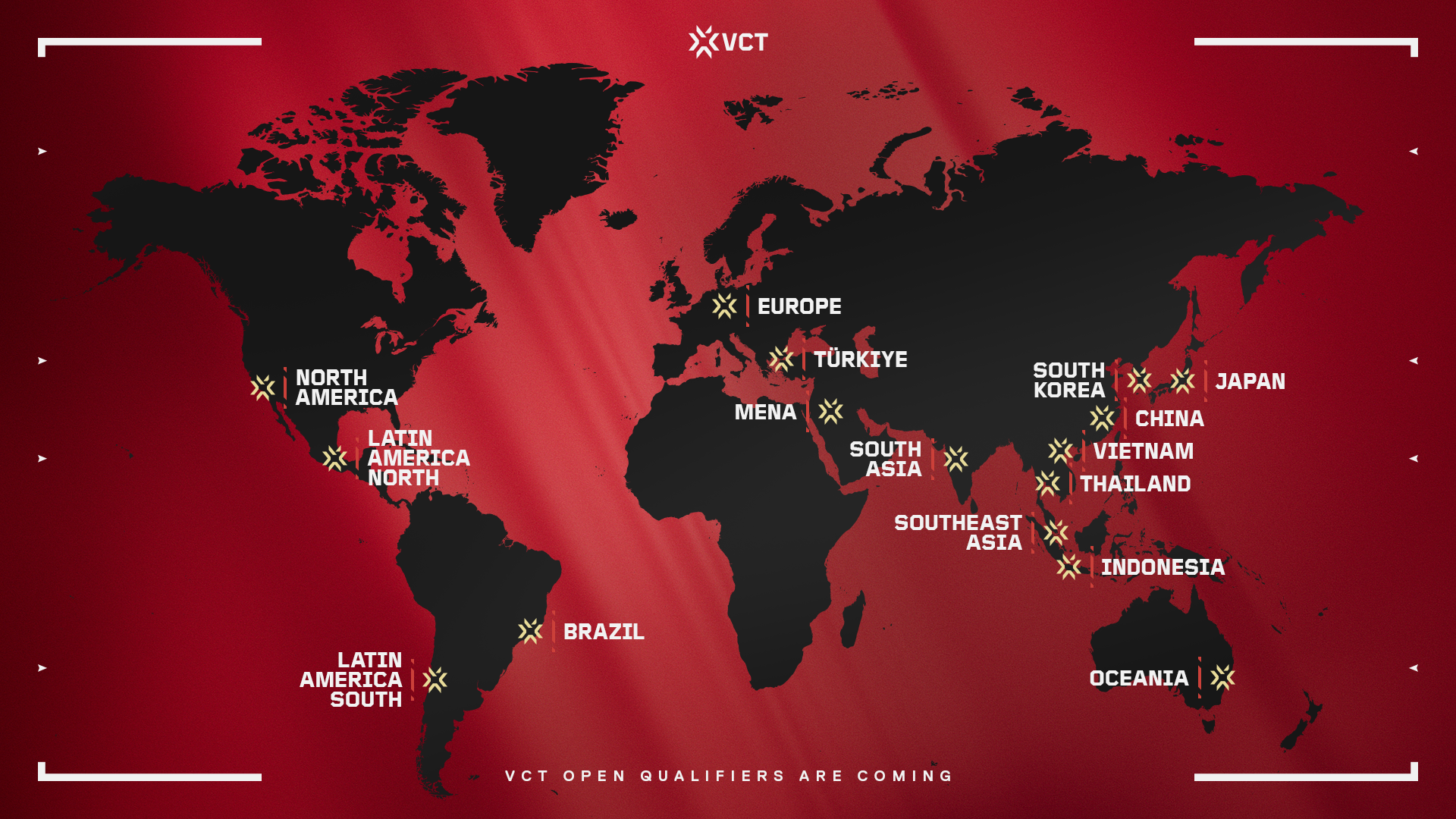Riot world map of VCT 2027 Open Qualifier regions, including Oceania