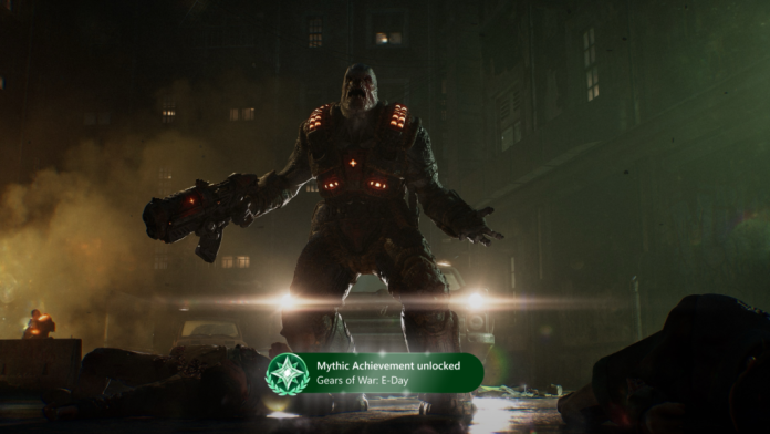 Xbox Mythic Achievement notification. Image: Xbox A Mythic Achievement unlocked notification over a Gears of War: E-Day scene