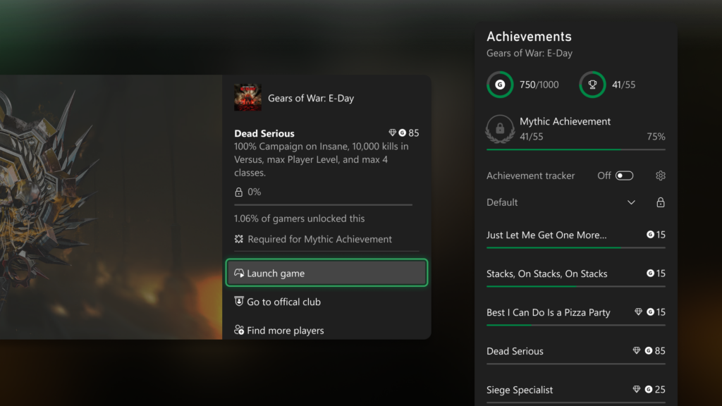 The Xbox Guide showing achievement progress and a Mythic Achievement progress bar for Gears of War: E-Day
