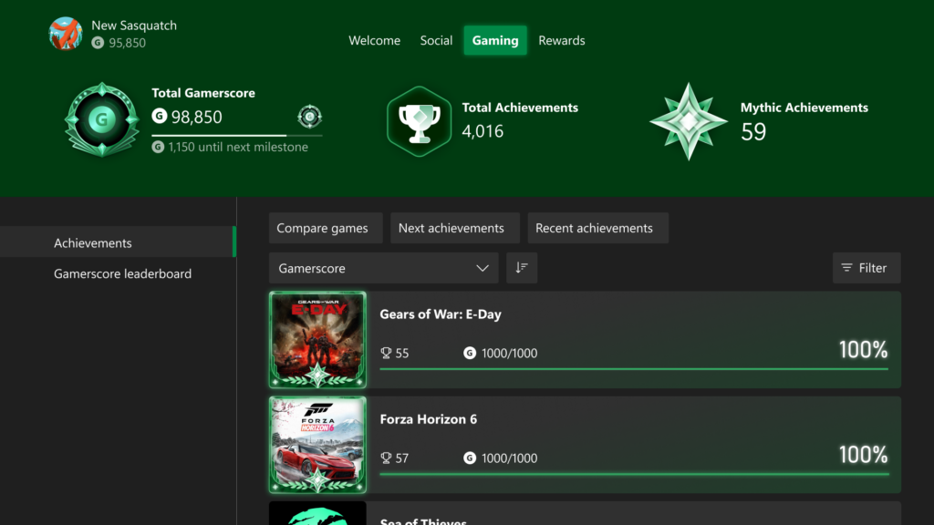 An Xbox profile's Gaming tab showing total Gamerscore, total achievements and a Mythic Achievements count