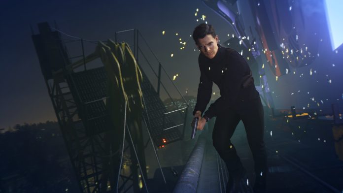 007 First Light: a dark-clad Bond, pistol lowered, picks his way along a pipe beside a crane gantry at night as sparks fly