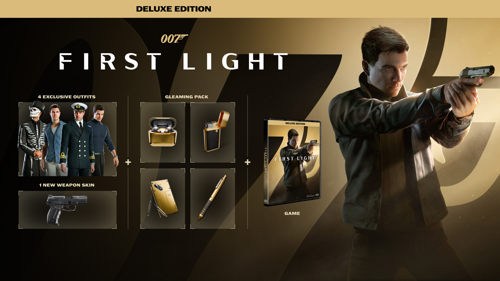 007 First Light Deluxe Edition art: four exclusive outfits, a weapon skin and a gold gadget pack beside a game box, with Bond aiming a pistol