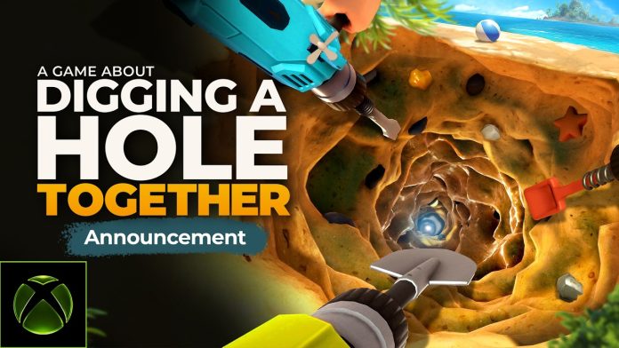 A deep tunnel dug into beach sand beside the A Game About Digging A Hole Together announcement title