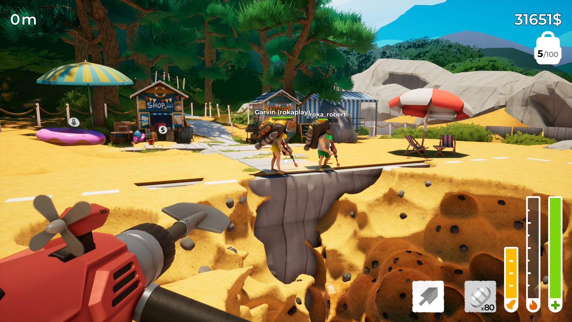 A first-person view of a drill beside a hole dug into the beach, with other players standing nearby